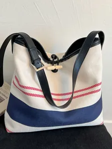 Women Large Capacity Striped Canvas Tote Bag Casual Shoulder Crossbody Bag University Student College Bag With Horn Button