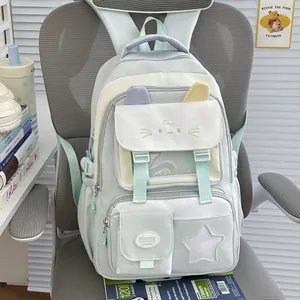 Primer plano de una linda mochila escolar verde menta con orejas de gato y varios bolsillos.