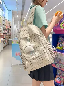 Lightweight cream Korean style star print backpack with cute plush star charm for school