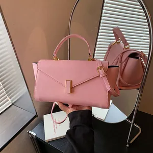 Close-up of pink crossbody handbag with gold clasp and mirror reflection