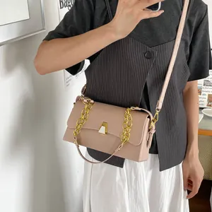 Detailed view of stylish nude small square bag with decorative gold chain and buckle