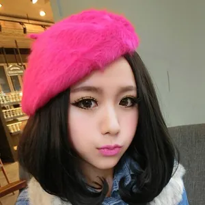Women Korean Style Rabbit Hair Beret Hat Autumn Winter Warm Knitted Painter Artist Hat Solid Color Fashion Plush Headwear