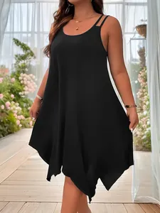 Detail of black plus size sleeveless dress with irregular handkerchief hemline