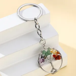 Tree of life keychain with colorful natural crushed stone beads and silver metal ring