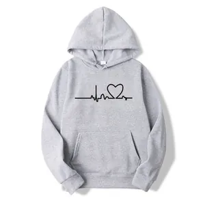 Γκρίζο φούτερ με κουκούλα και επένδυση fleece, με σχέδιο καρδιογράφημα και καρδιά
