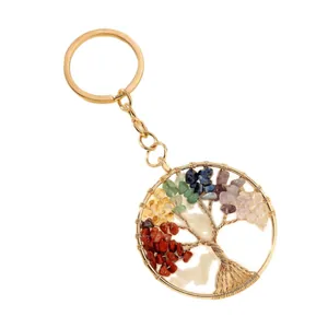 Handmade tree of life keychain with colorful natural crushed stones and golden wire wrap