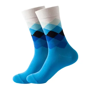 Trendy women's argyle pattern mid-calf crew socks in vibrant blue and white tones