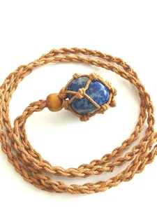 Hand-woven adjustable net necklace with natural polished lapis lazuli crystal pendant