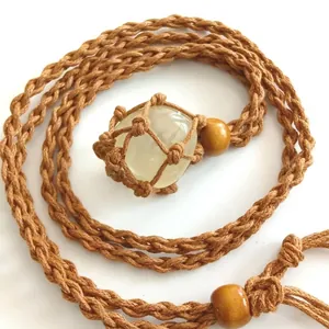Hand-woven net pocket necklace with natural crystal stone pendant and wooden beads
