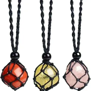 Set of hand-woven net pocket necklaces with natural polished crystal stone pendants