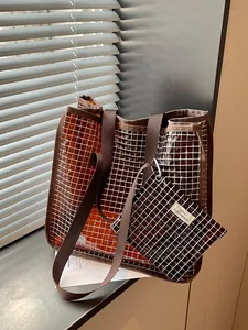 Vintage brown grid pattern large capacity PVC tote bag with matching pouch for daily commute