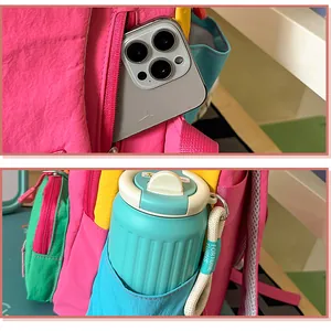 Close-up of a colorful backpack side pockets featuring phone and water bottle storage