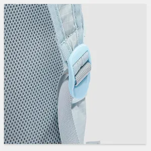 Close-up of backpack strap buckle and breathable mesh back panel for detail