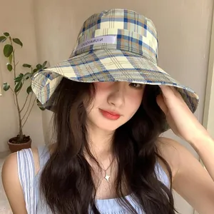 Sombrero de Pescador Gingham para Mujer Ala Ancha Cuadros Sombrero de Sol Protección Solar Moda Vacaciones Verano
