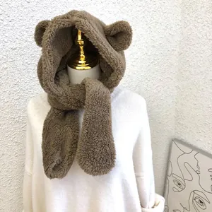Cute bear ear plush hooded scarf for women in warm brown winter style accessory.