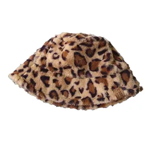 Leopard print faux fur bucket hat for women, autumn winter warm plush basin hat
