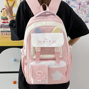 Linda mochila escolar rosa para niñas con diseño de orejas de gato y varios compartimentos