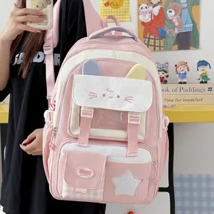 Vista detallada de la mochila rosa para estudiantes con orejas de gato y bolsos