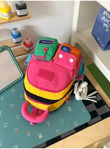 Detailed shot of vibrant multi-colored fashion backpack with a plush bear keychain charm