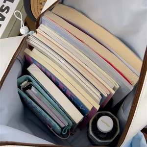 Close-up of high capacity interior of a stylish white school backpack for girls