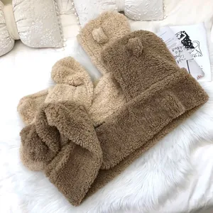 Soft teddy bear ear hooded scarf set in brown and beige fleece for winter warmth