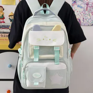 Vista detallada de la linda mochila escolar verde menta de gato con varios bolsillos