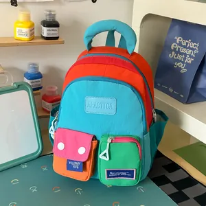 Detailed view of colorful trendy backpack for women with multiple compartments and patches