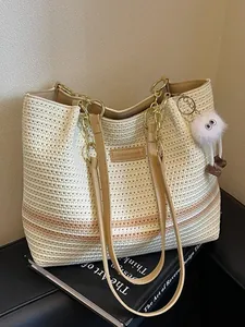 Women Stripe Woven Tote Bag Summer Fashion Knitted Fabric Shoulder Bag With Chain Strap Large Capacity Commuter Handbag Plush Pendant