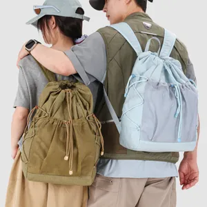 Fashionable lightweight drawstring backpacks with mesh pockets shown on models