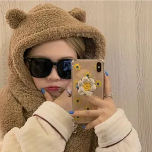 Cute Bear Ears Hooded Scarf Hat Women Winter Plush Integrated Neck Warmer Long Scarf Hat Set With Gloves For Cold Weather Outdoor