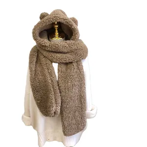 Cozy brown bear ear hooded scarf set for women, soft plush winter warmth accessory