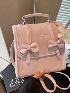 Zaino da Donna in Stile Preppy con Fiocco in Pelle PU Moda Casual Viaggio Borsa a Tracolla Multiuso con Ciondolo a Coniglio per Ragazze