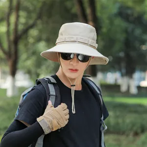 Men's khaki outdoor sun hat with breathable mesh and adjustable chin strap