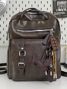 Large Capacity PU Leather Commuter Travel Backpack for Women Vintage College Style Computer Bookbag with Pendant