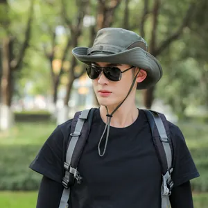 Olive green outdoor sun hat for men with adjustable chin strap and breathable mesh detail