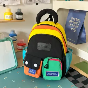 Detailed view of a trendy multi-color backpack with multiple pockets for school use