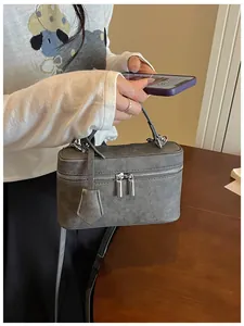 Grey faux leather box vanity bag with silver hardware detail for women