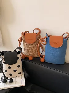 Minimalist women's small crossbody phone bags in straw, denim, and polka dot designs