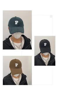 Collage of three baseball caps in gray, black, and brown with letter P embroidery