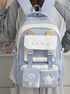 Mochila escolar linda en morado pastel y crema con orejas de gato para estudiantes