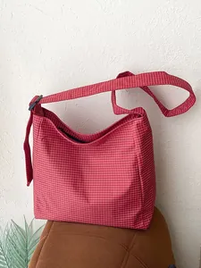 Women Large Capacity Nylon Plaid Shoulder Bag Casual Lightweight Summer Crossbody Hobo Bag Grid Pattern Tote Bag For Daily Commute