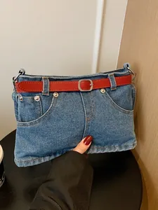 Women Denim Bucket Bag Creative Belt Decoration Shoulder Crossbody Bag Niche Design Trendy Fashion Casual Washed Denim Purse