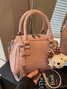 Women's Chic Boston Pillow Bag PU Leather Lychee Pattern Crossbody Handbag With Bear Charm Sophisticated Commuter Handbag