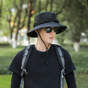 A close-up view of a men's stylish black wide-brim sun hat for outdoor fishing and hiking