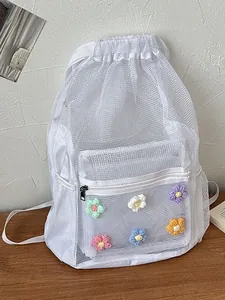 Women Casual Mesh Backpack Large Capacity Hollow Drawstring School Bag With Crochet Flower Decoration Summer Lightweight Sporty Daypack