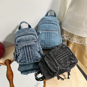 Collection of stylish denim backpacks in three vintage washes for women's daily commute