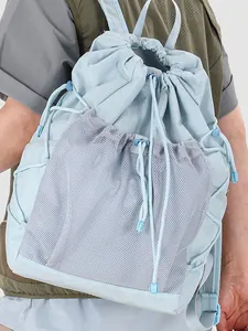 Women Drawstring Backpack Canvas Mesh Pocket Grid Pattern Casual Travel Outdoor Sport Shoulder Bag Fashion School Bag For Teenagers