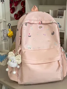 Sweet Artistic Cartoon Print Nylon Backpack For Junior High School Students Lightweight Waterproof School Daily Bag For Teenagers Girls