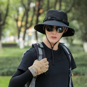 Detail of black wide brim sun bucket hat for men with adjustable chin strap