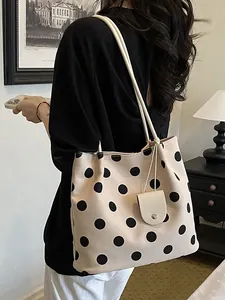 Elegant French style polka dot shoulder tote bag for women in vintage cream and black